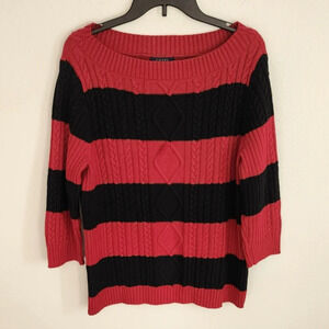 Chaps Red & Black Women's Cable Sweater Long Sleeves Pullover Stripes Sz 1X